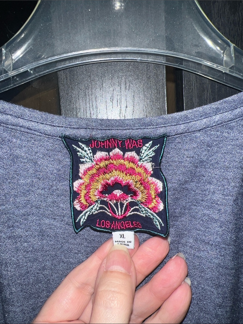 Johnny Was Blue Short Sleeve V-Neck Top with Red/Beige Floral Embroidery XL - Picture 3 of 14
